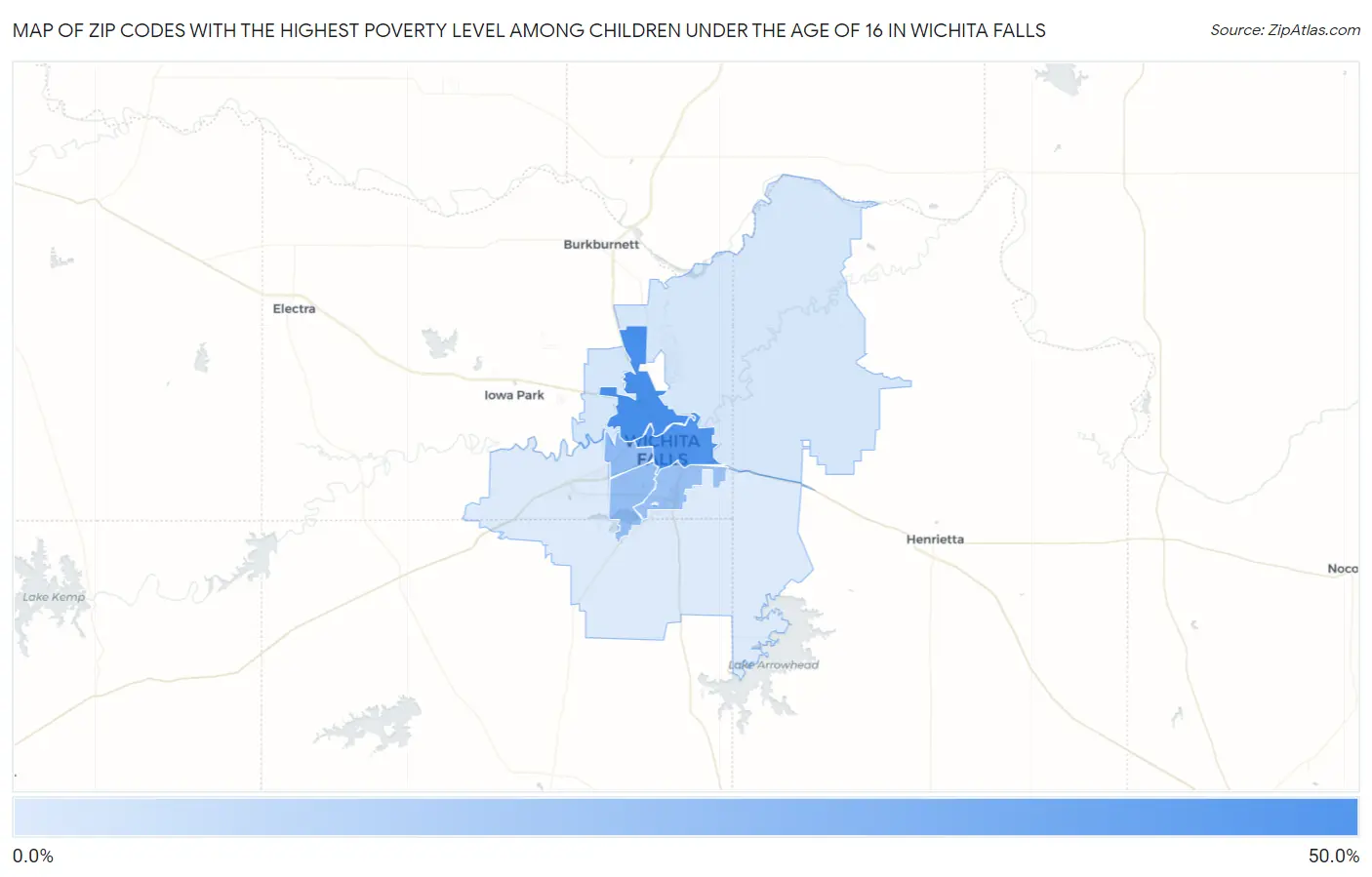 Zip Codes with the Highest Poverty Level Among Children Under the Age of 16 in Wichita Falls Map