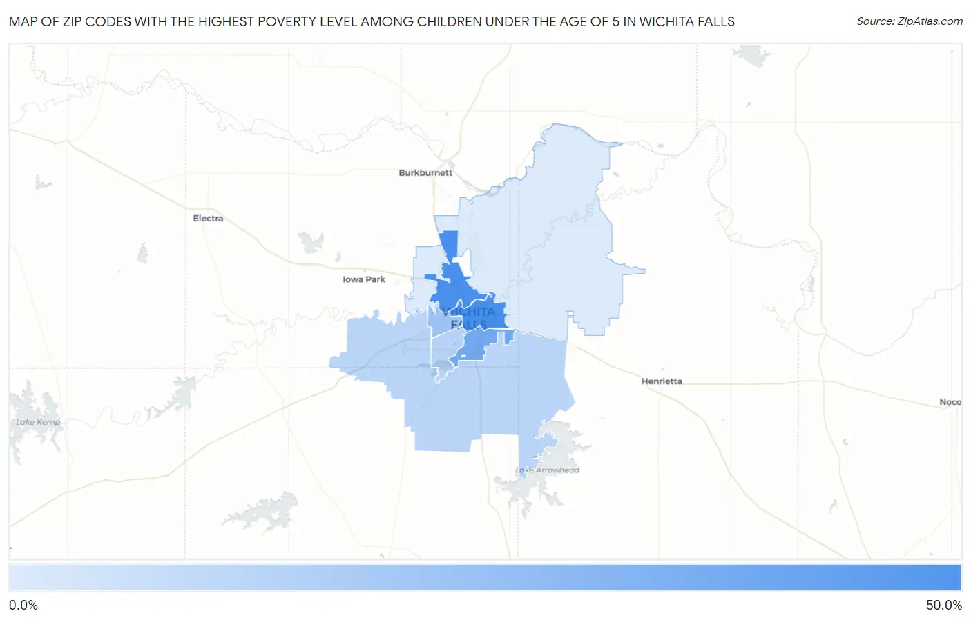 Zip Codes with the Highest Poverty Level Among Children Under the Age of 5 in Wichita Falls Map
