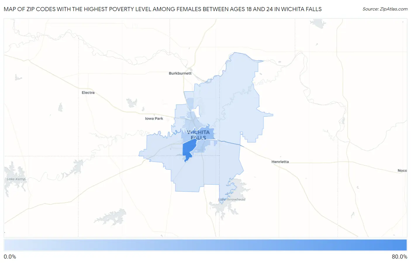 Zip Codes with the Highest Poverty Level Among Females Between Ages 18 and 24 in Wichita Falls Map