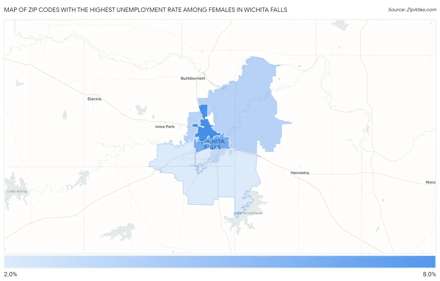 Zip Codes with the Highest Unemployment Rate Among Females in Wichita Falls Map