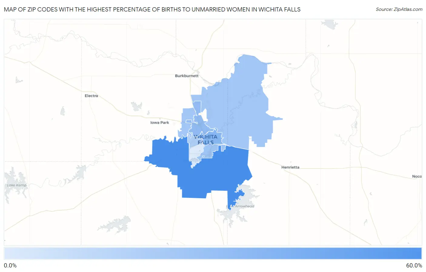 Zip Codes with the Highest Percentage of Births to Unmarried Women in Wichita Falls Map