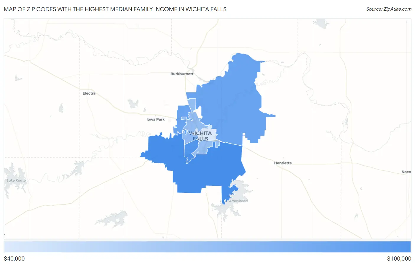 Zip Codes with the Highest Median Family Income in Wichita Falls Map