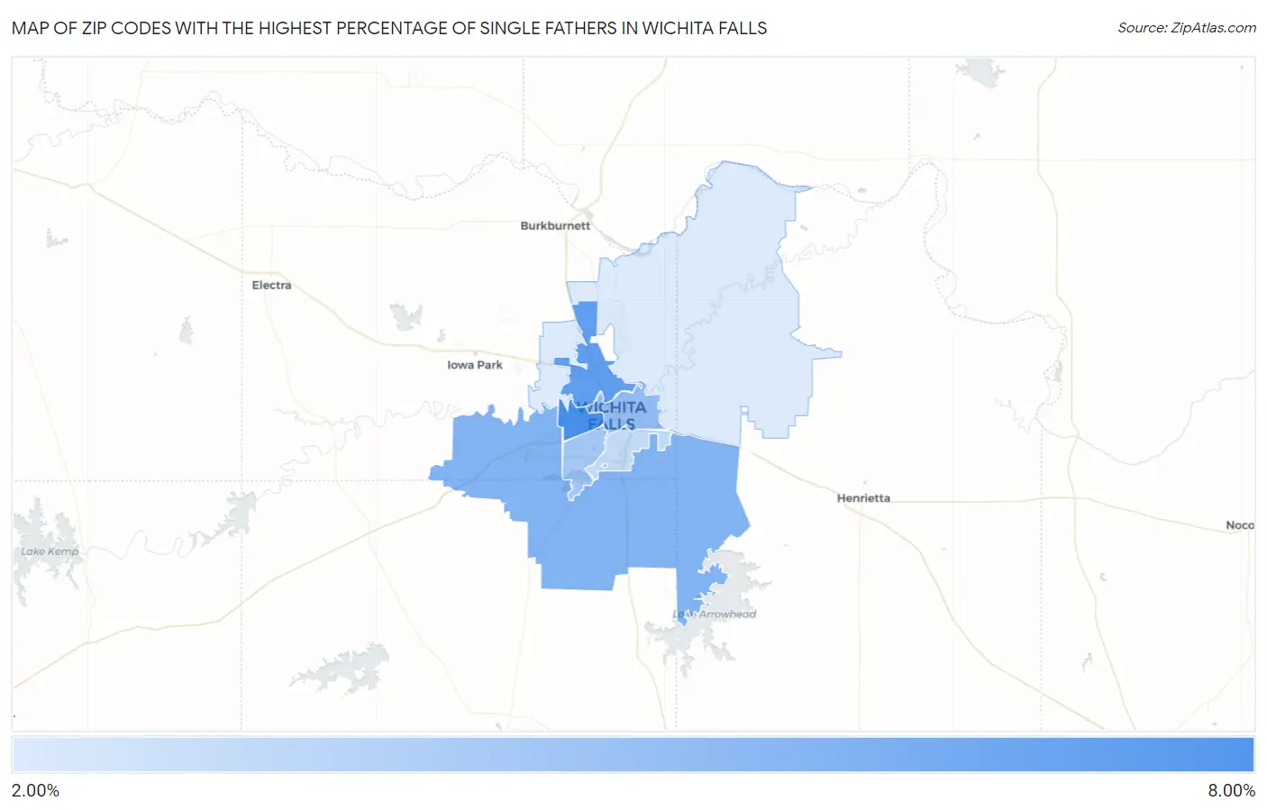 Zip Codes with the Highest Percentage of Single Fathers in Wichita Falls Map