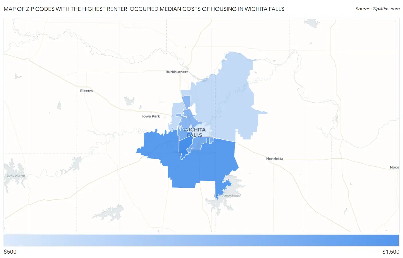 Zip Codes with the Highest Renter-Occupied Median Costs of Housing in Wichita Falls Map
