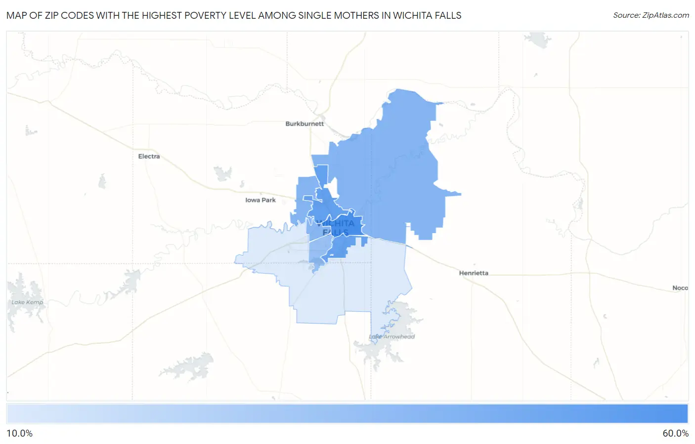Zip Codes with the Highest Poverty Level Among Single Mothers in Wichita Falls Map
