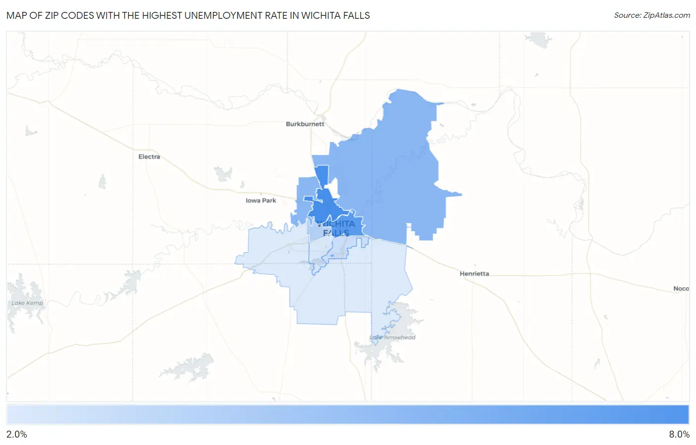 Zip Codes with the Highest Unemployment Rate in Wichita Falls Map