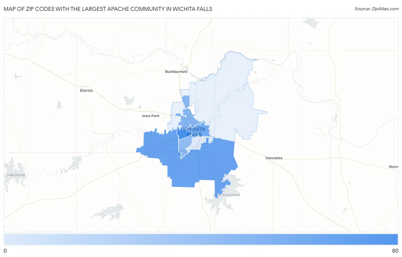 Zip Codes with the Largest Apache Community in Wichita Falls Map