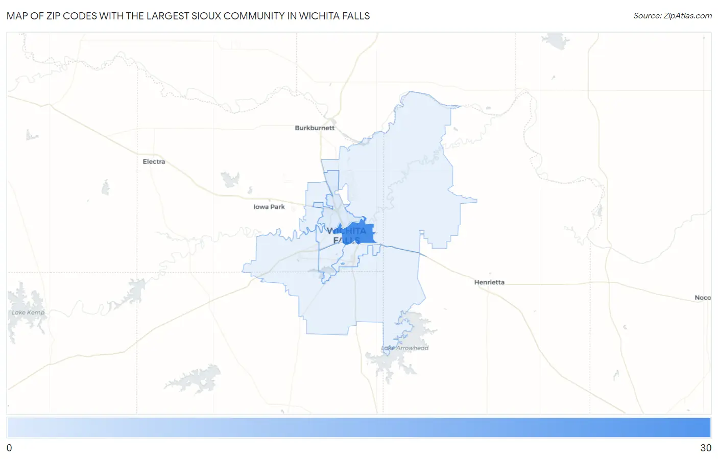 Zip Codes with the Largest Sioux Community in Wichita Falls Map