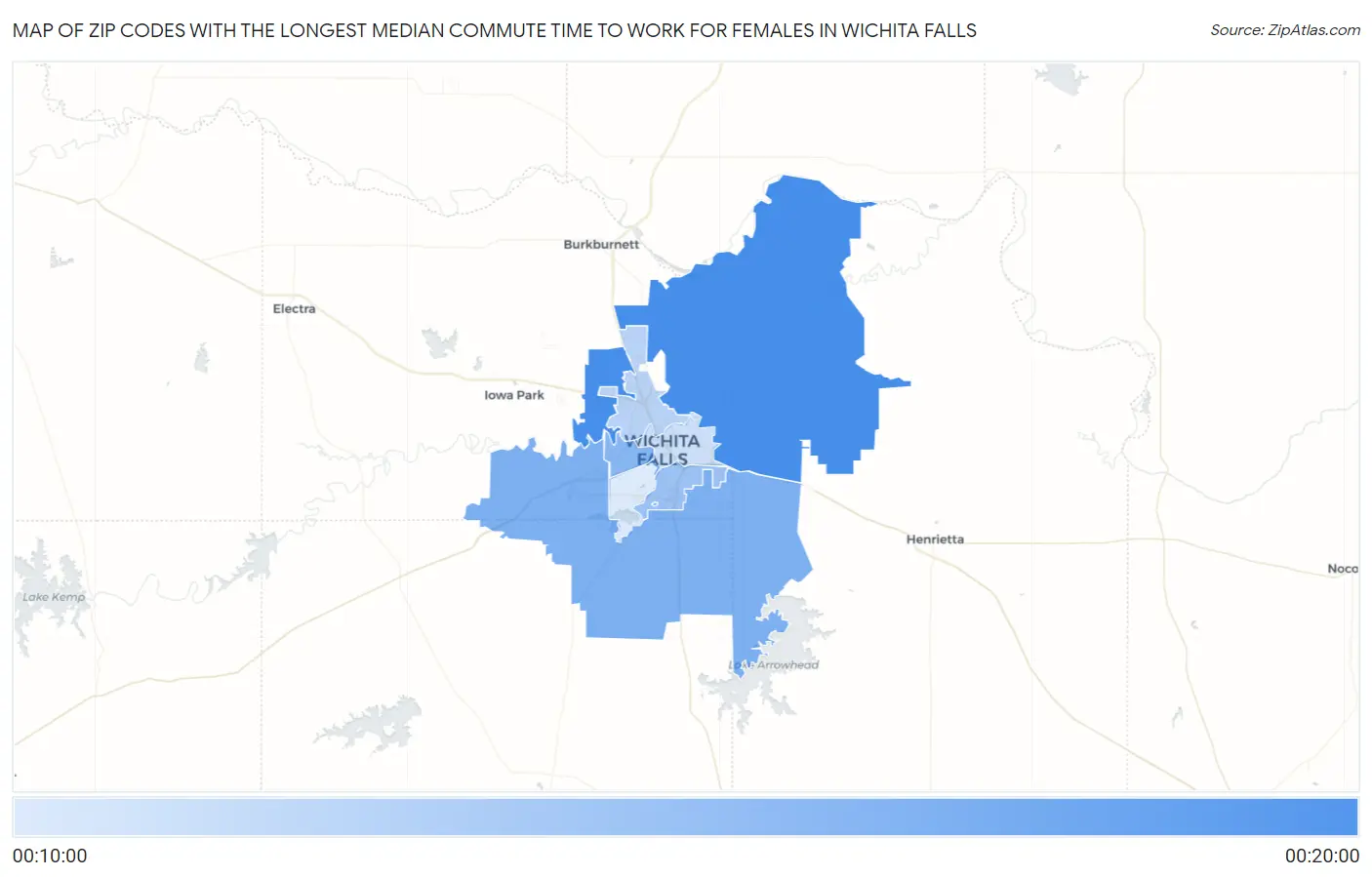 Zip Codes with the Longest Median Commute Time to Work for Females in Wichita Falls Map