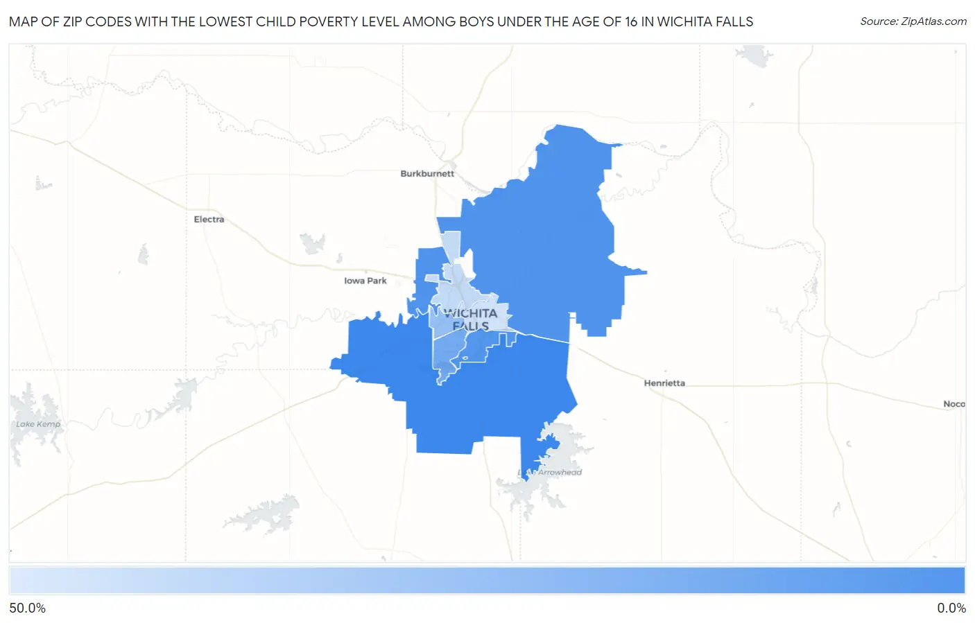 Zip Codes with the Lowest Child Poverty Level Among Boys Under the Age of 16 in Wichita Falls Map