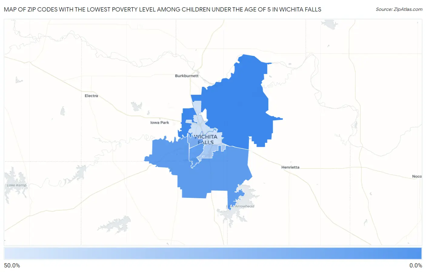 Zip Codes with the Lowest Poverty Level Among Children Under the Age of 5 in Wichita Falls Map