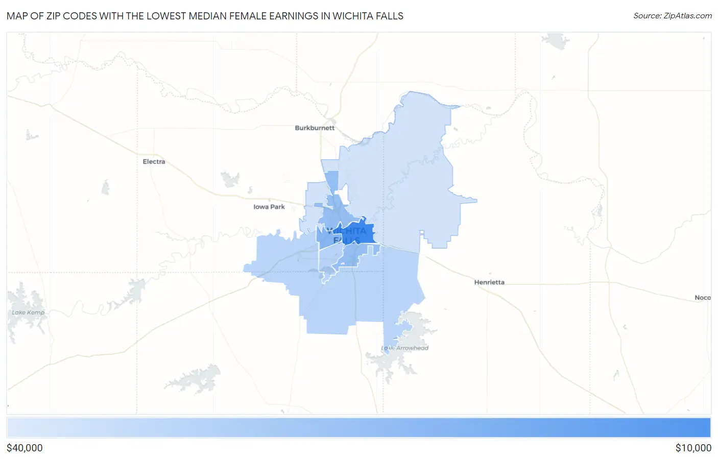 Zip Codes with the Lowest Median Female Earnings in Wichita Falls Map