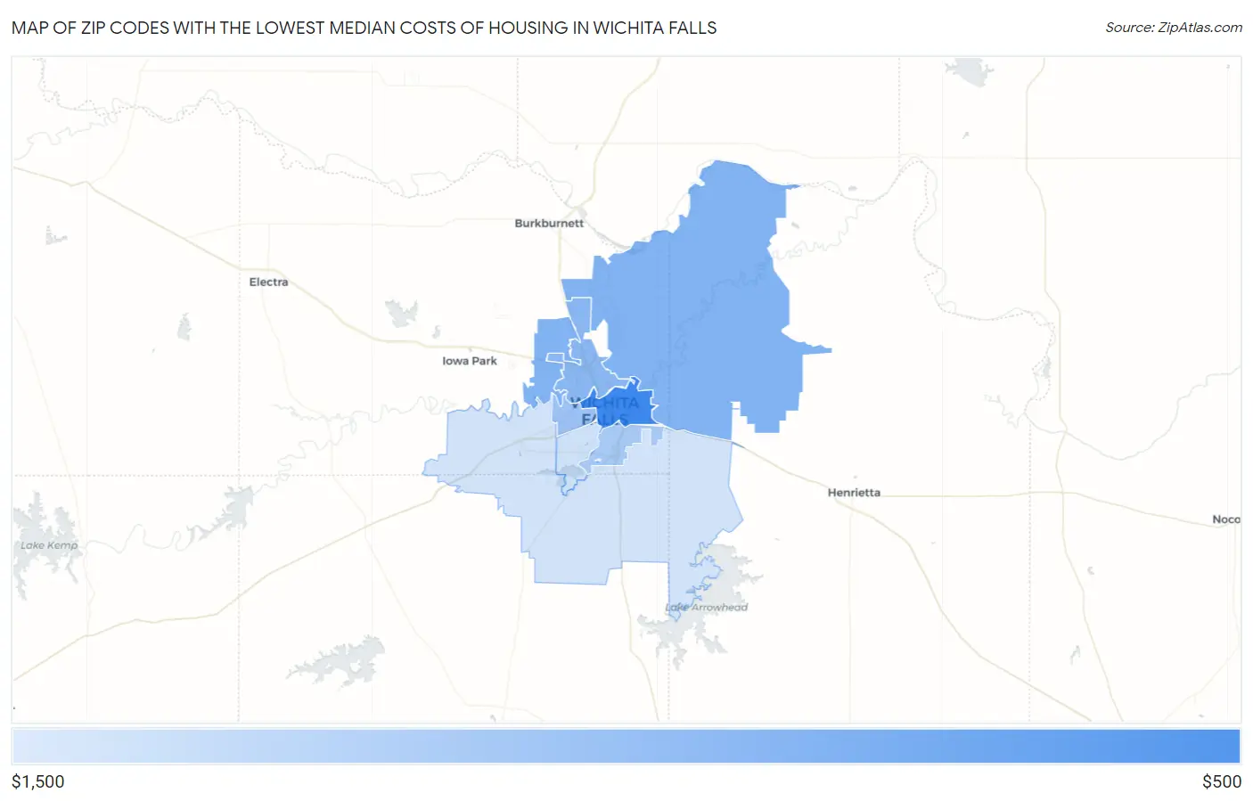 Zip Codes with the Lowest Median Costs of Housing in Wichita Falls Map