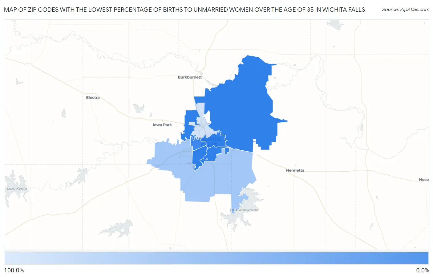 Zip Codes with the Lowest Percentage of Births to Unmarried Women over the Age of 35 in Wichita Falls Map