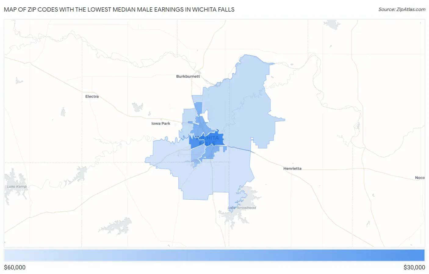 Zip Codes with the Lowest Median Male Earnings in Wichita Falls Map