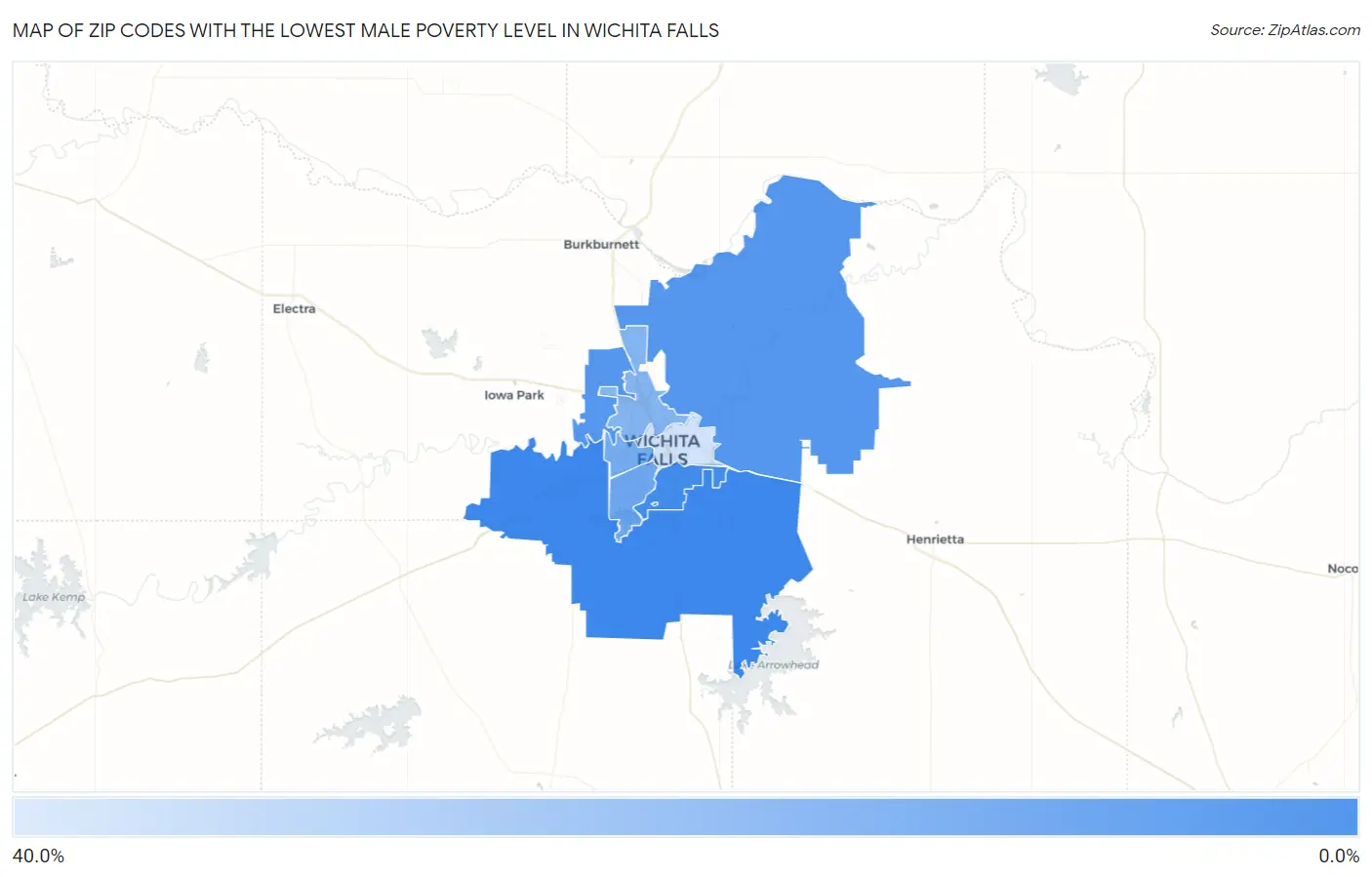 Zip Codes with the Lowest Male Poverty Level in Wichita Falls Map