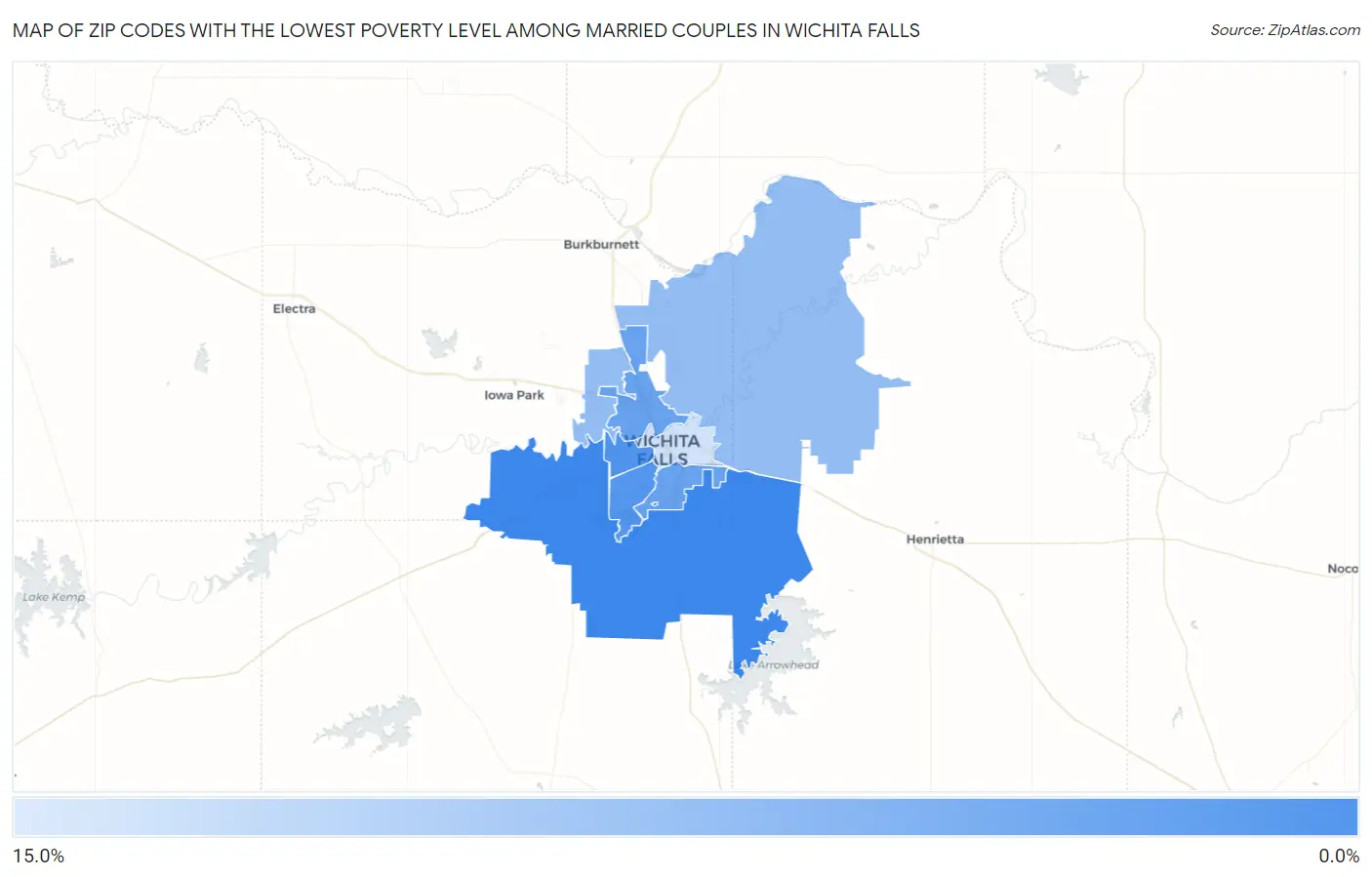 Zip Codes with the Lowest Poverty Level Among Married Couples in Wichita Falls Map