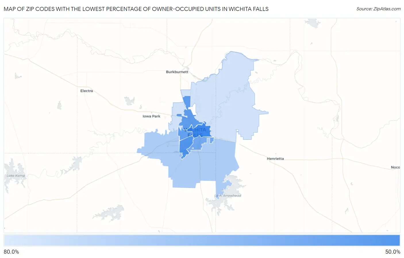 Zip Codes with the Lowest Percentage of Owner-Occupied Units in Wichita Falls Map