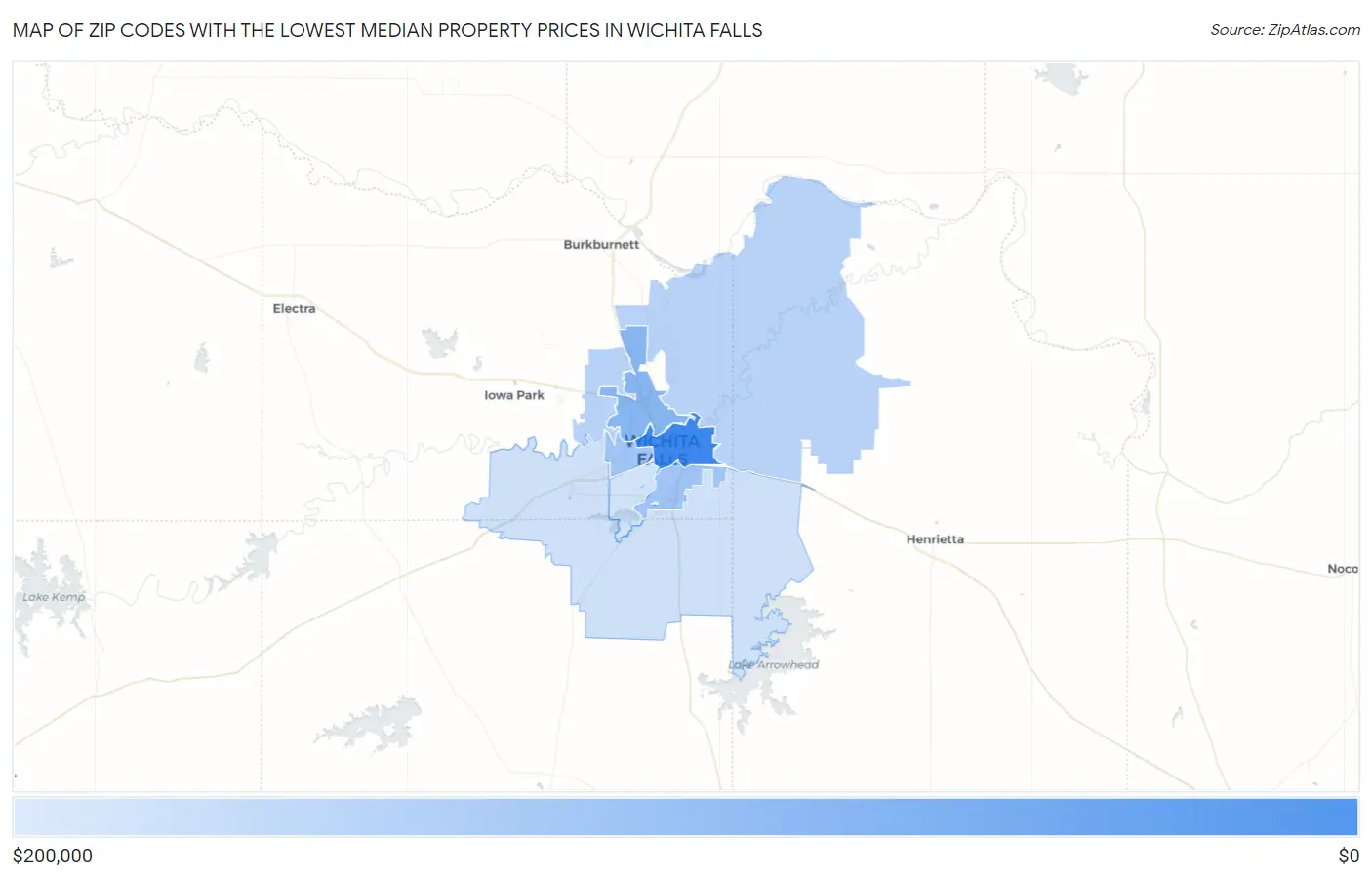 Zip Codes with the Lowest Median Property Prices in Wichita Falls Map