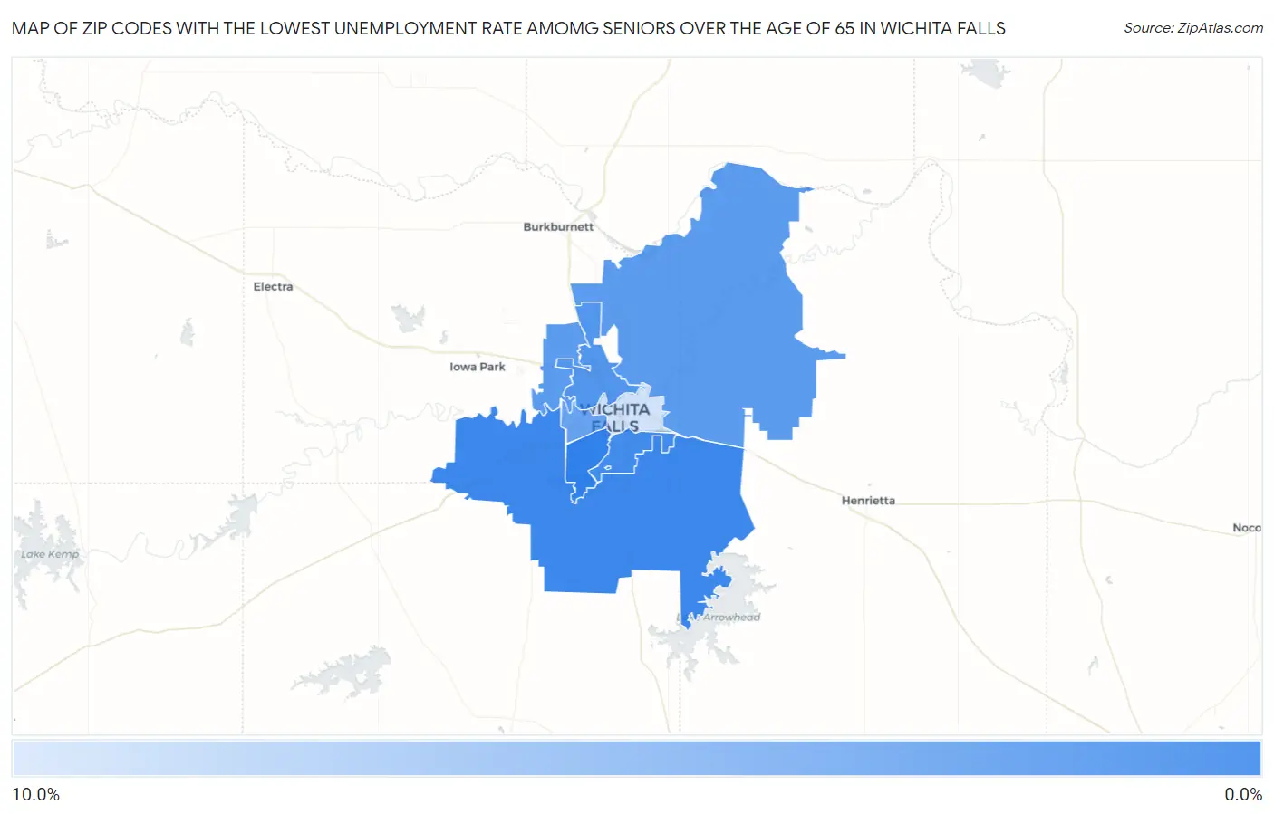 Zip Codes with the Lowest Unemployment Rate Amomg Seniors Over the Age of 65 in Wichita Falls Map