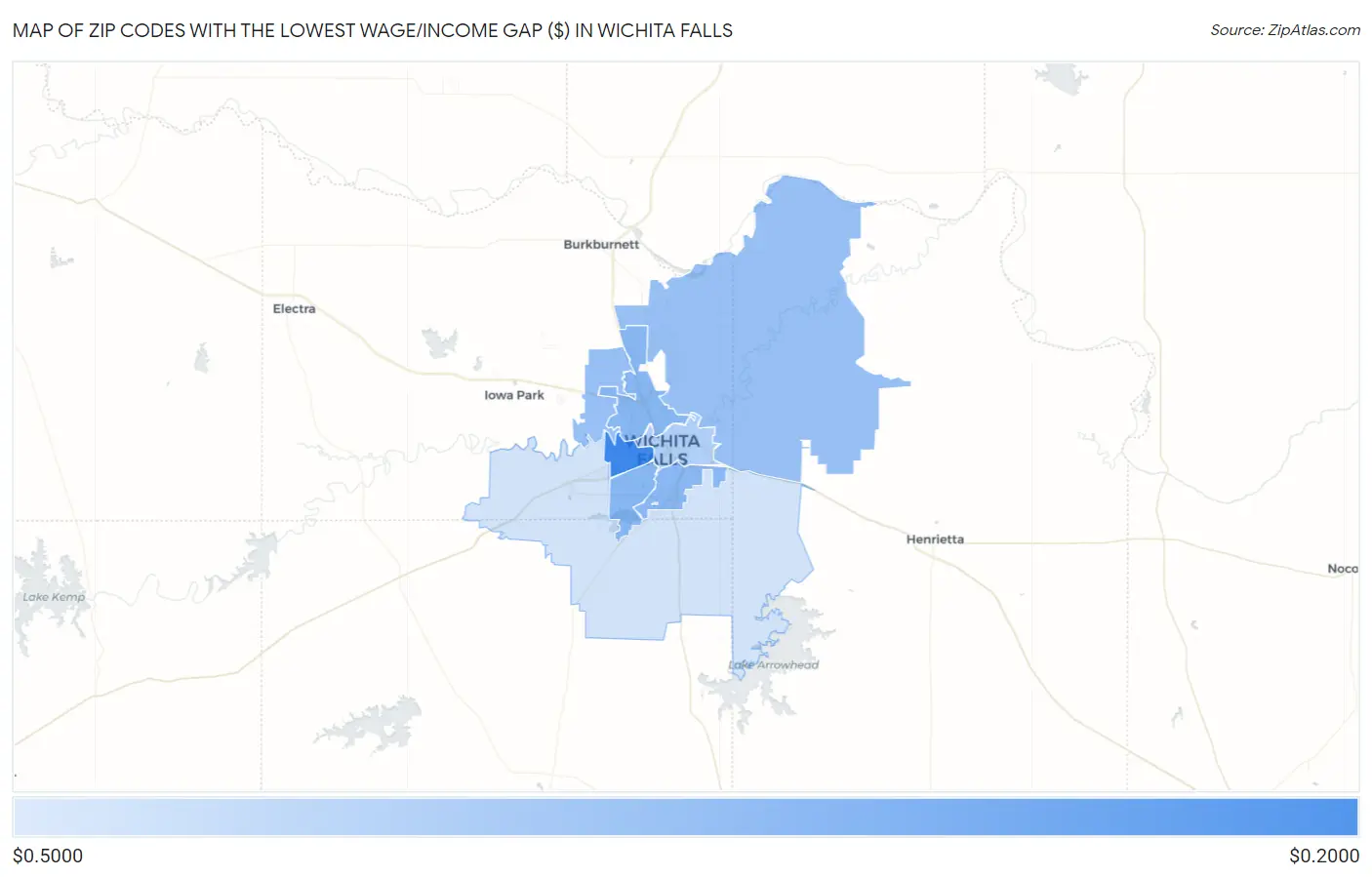 Zip Codes with the Lowest Wage/Income Gap ($) in Wichita Falls Map