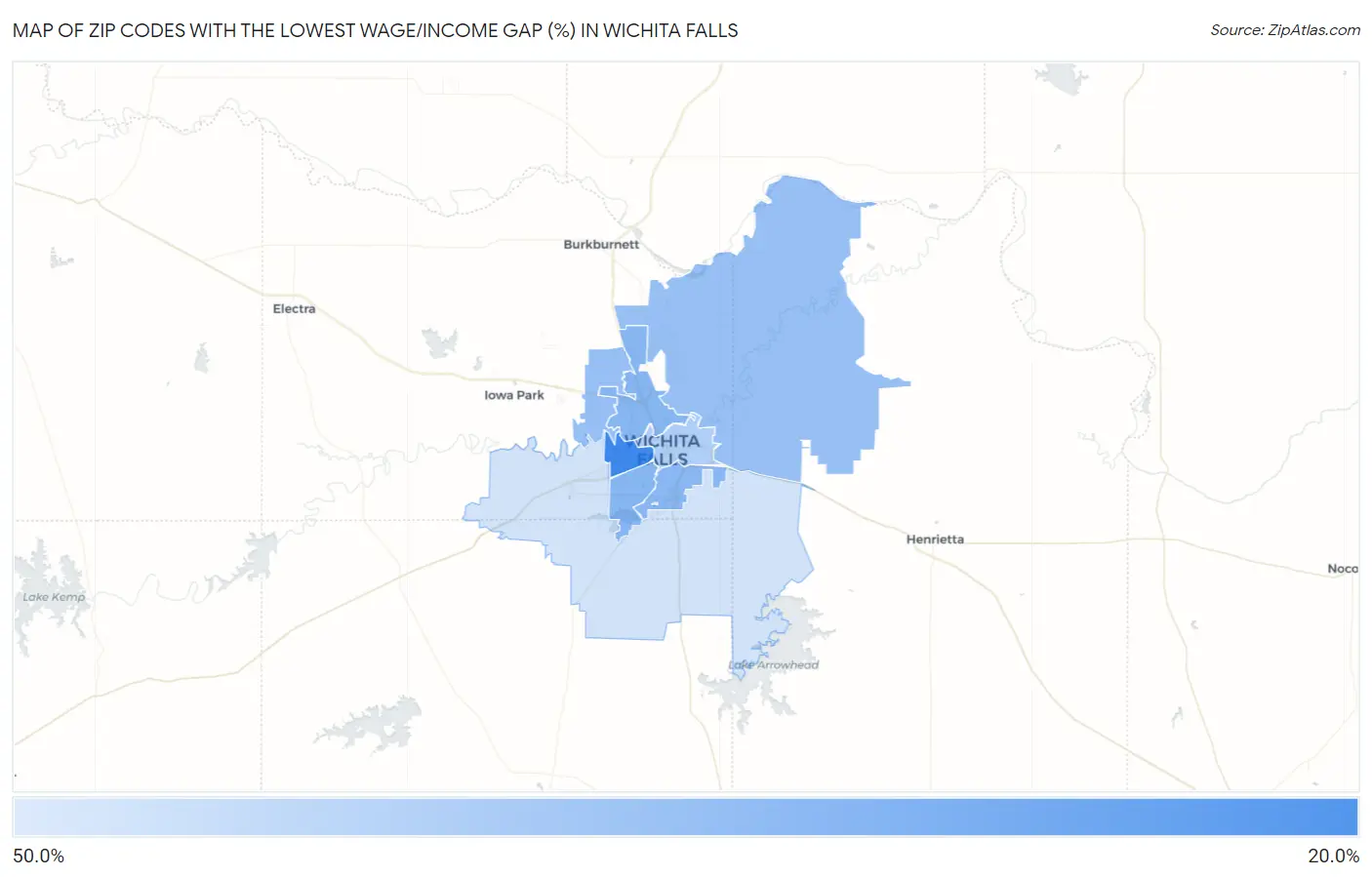 Zip Codes with the Lowest Wage/Income Gap (%) in Wichita Falls Map