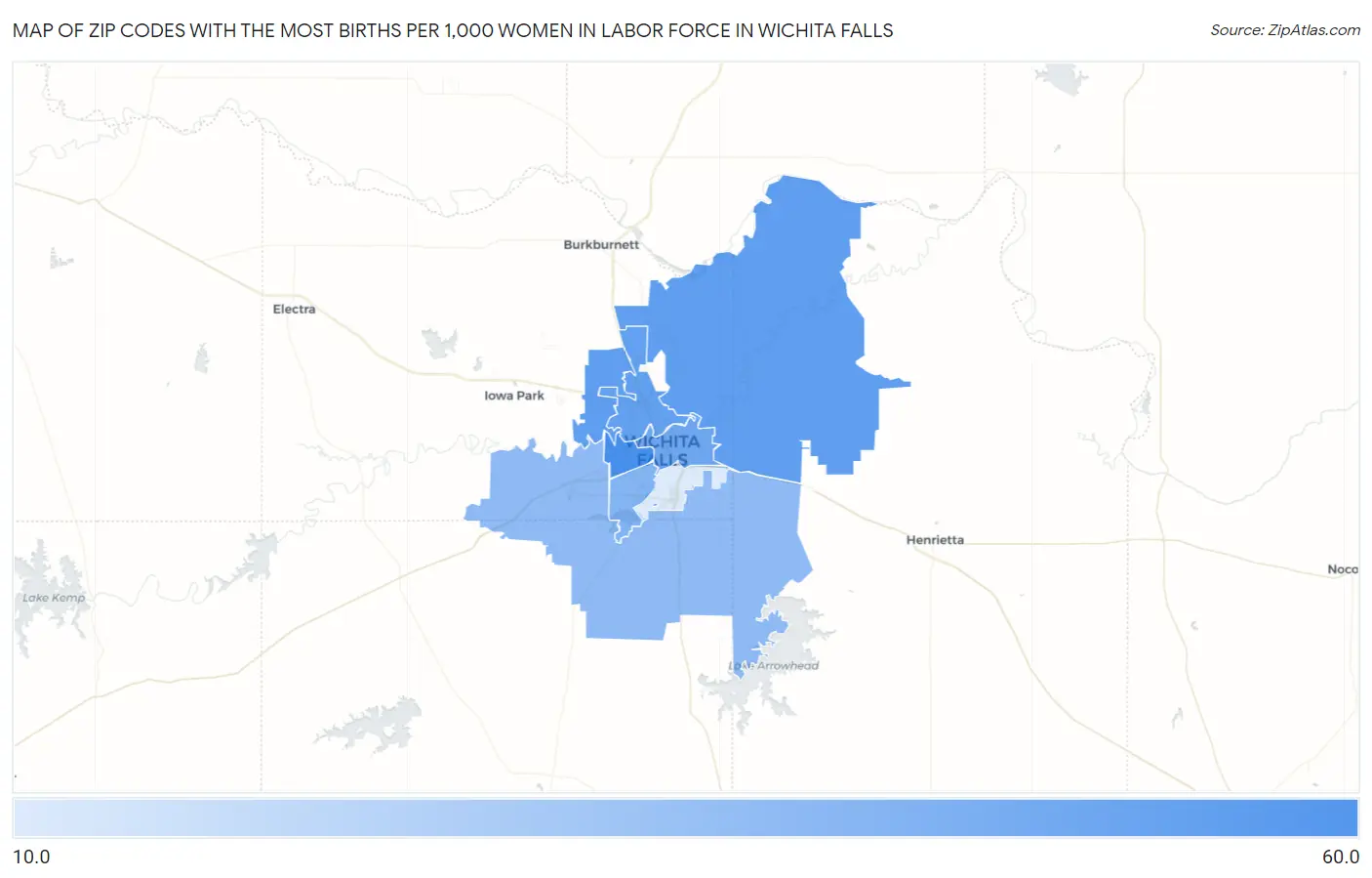Zip Codes with the Most Births per 1,000 Women in Labor Force in Wichita Falls Map