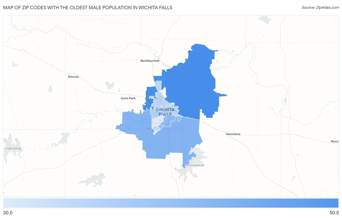 Zip Codes with the Oldest Male Population in Wichita Falls Map