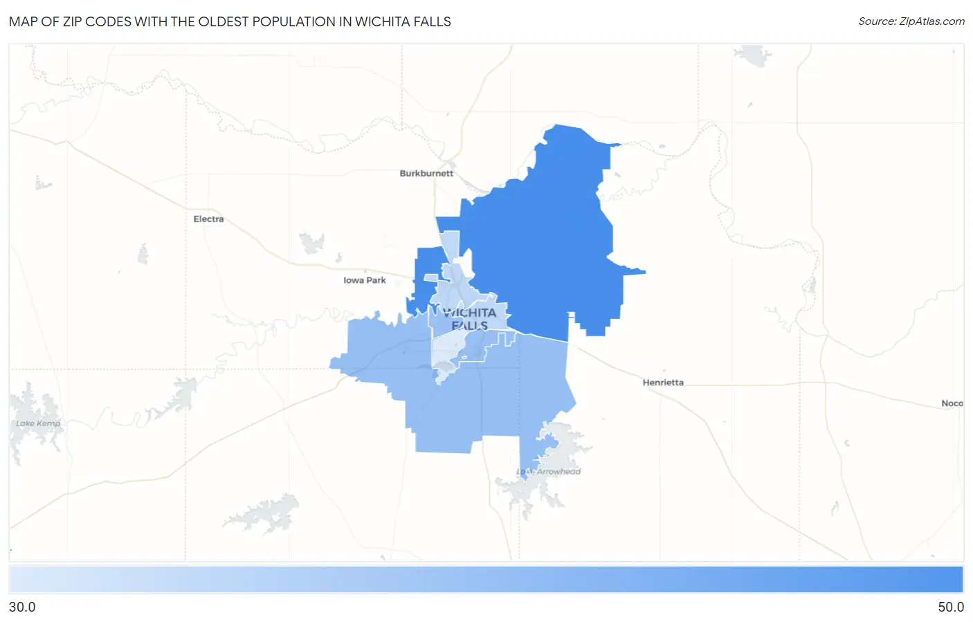 Zip Codes with the Oldest Population in Wichita Falls Map