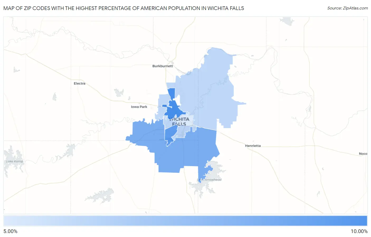 Zip Codes with the Highest Percentage of American Population in Wichita Falls Map