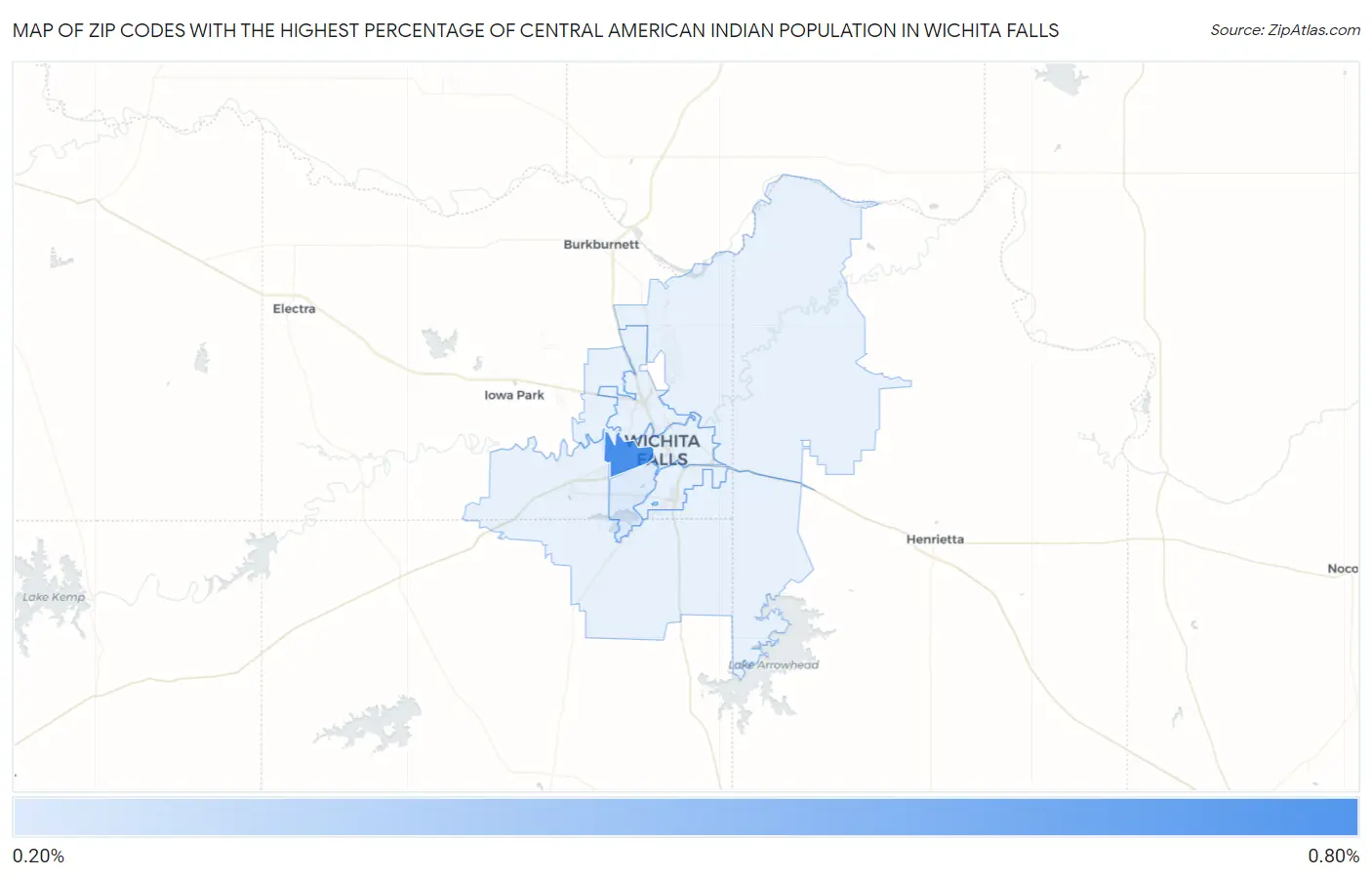 Zip Codes with the Highest Percentage of Central American Indian Population in Wichita Falls Map