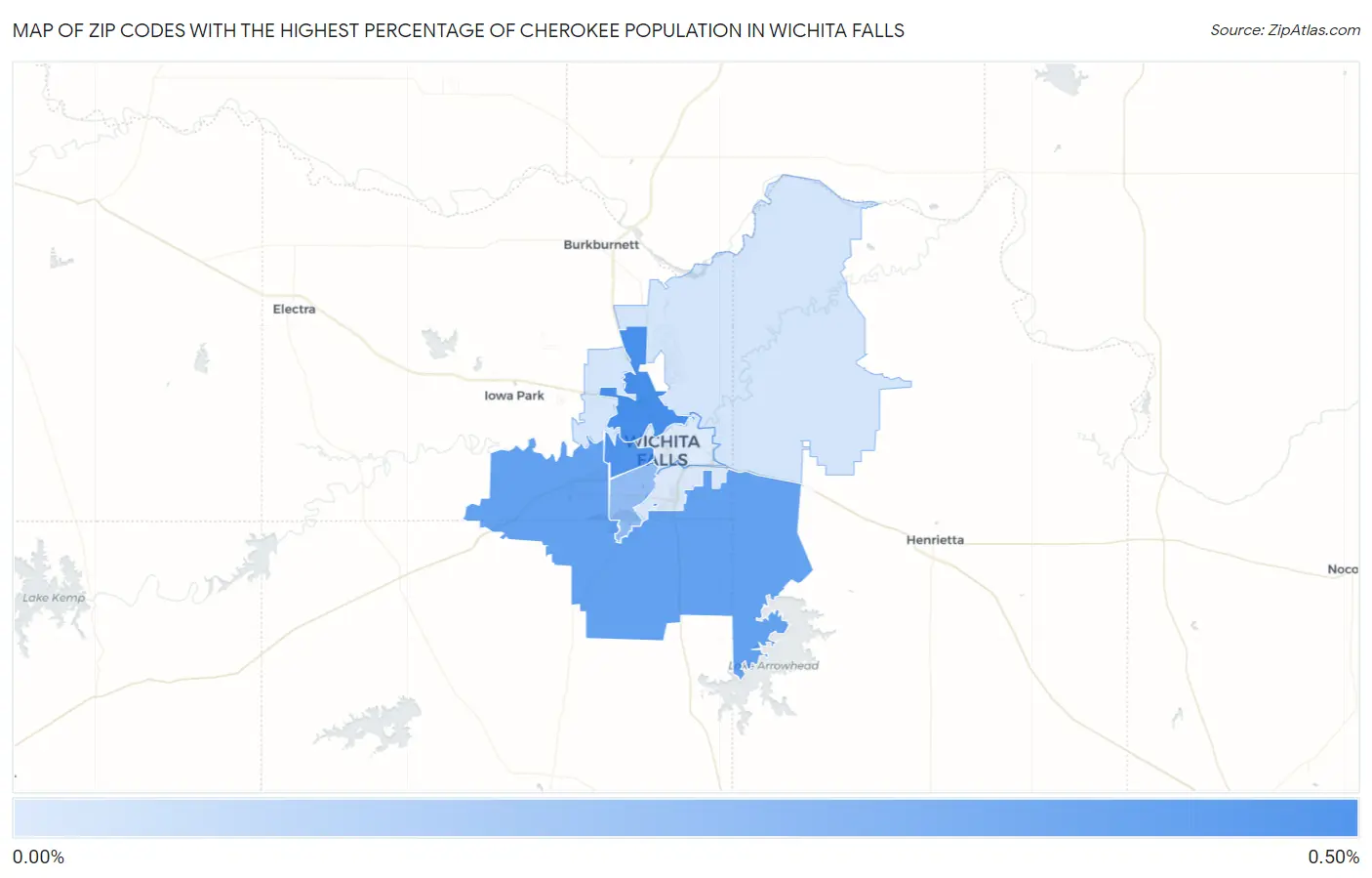 Zip Codes with the Highest Percentage of Cherokee Population in Wichita Falls Map
