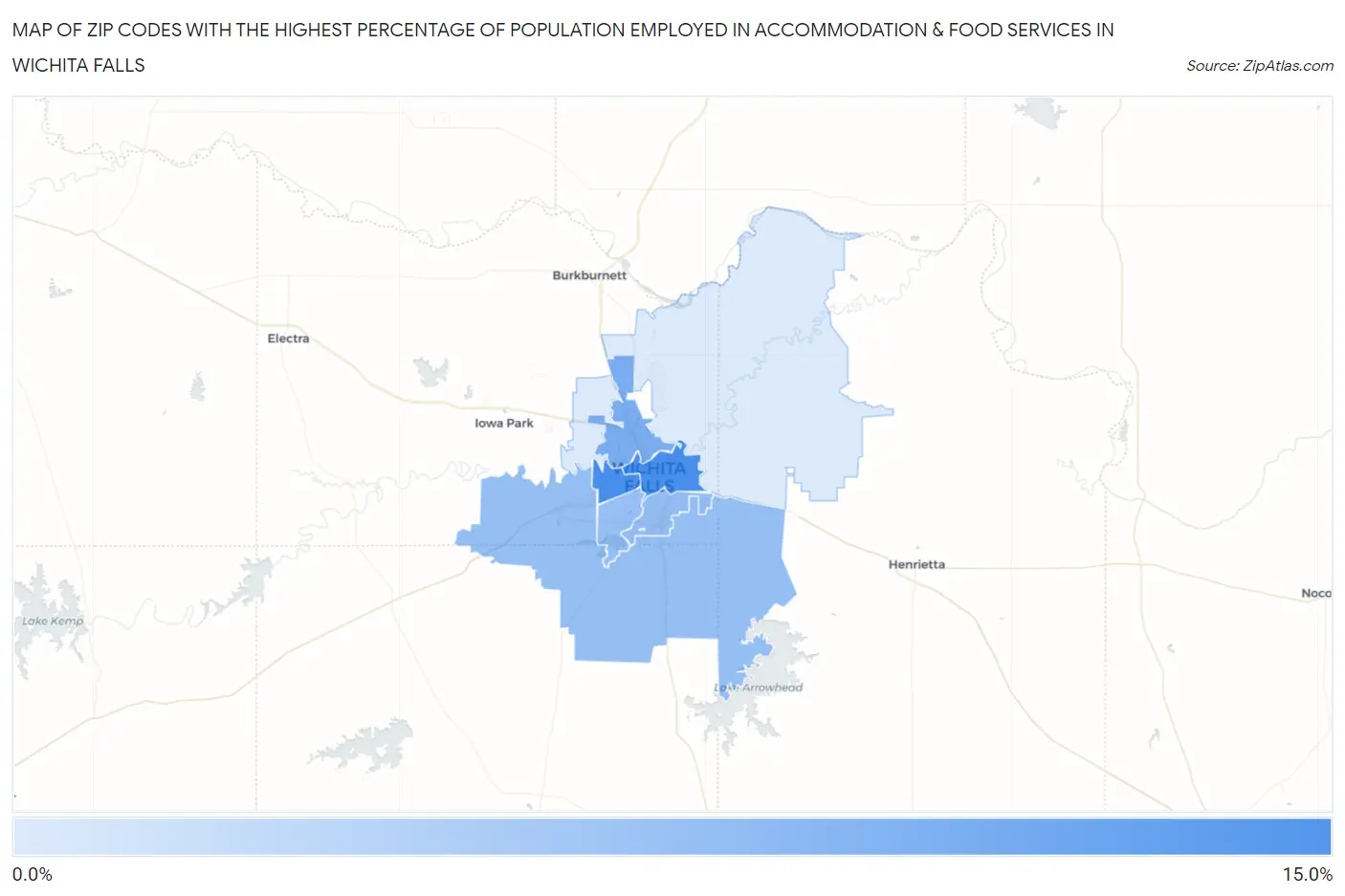 Zip Codes with the Highest Percentage of Population Employed in Accommodation & Food Services in Wichita Falls Map