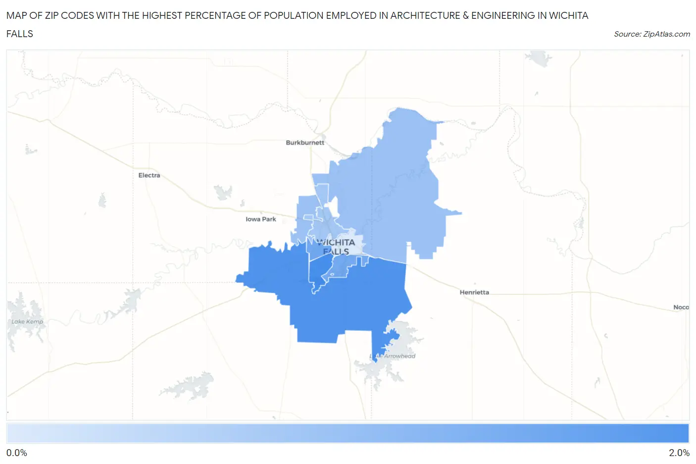 Zip Codes with the Highest Percentage of Population Employed in Architecture & Engineering in Wichita Falls Map