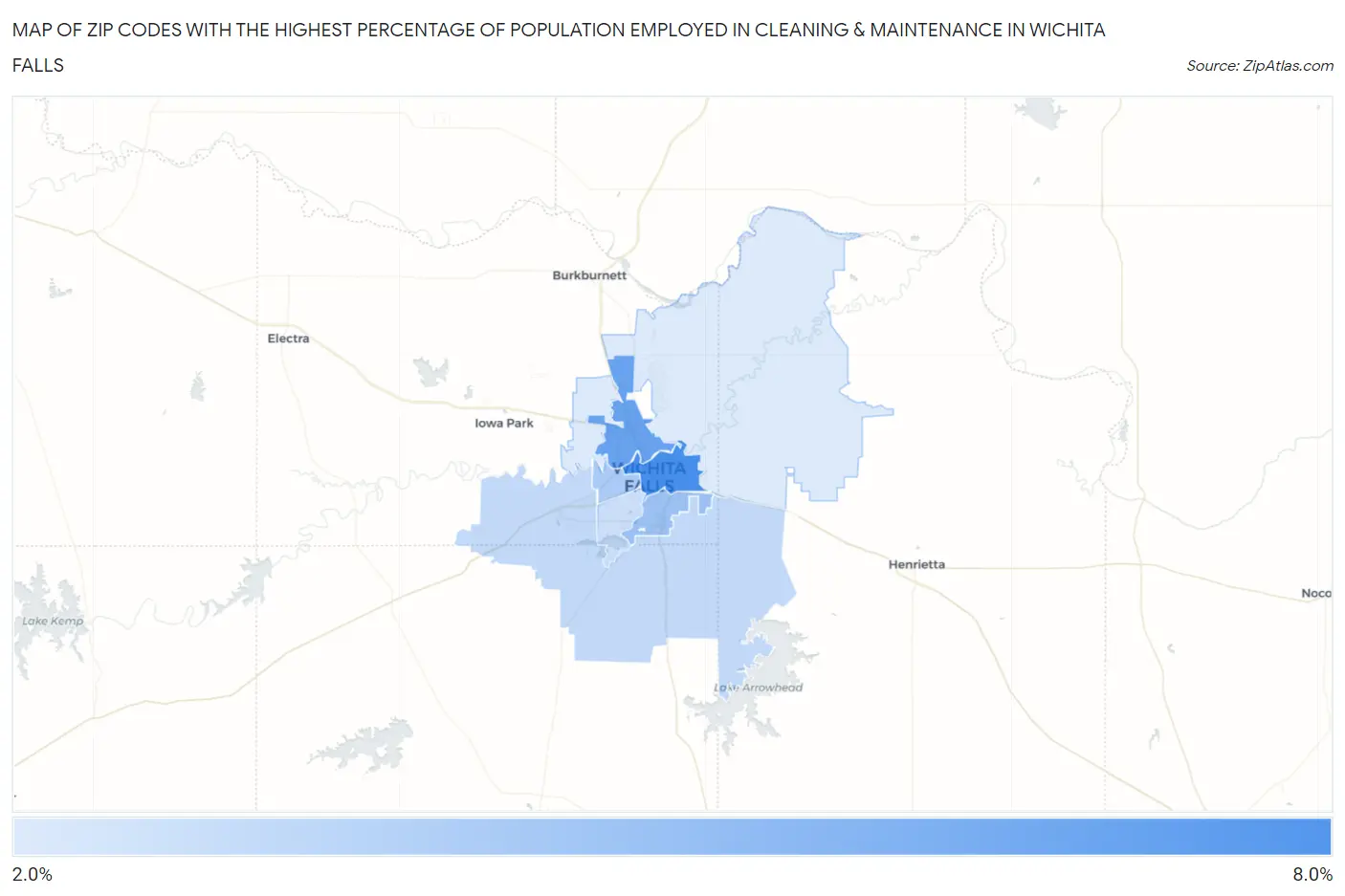 Zip Codes with the Highest Percentage of Population Employed in Cleaning & Maintenance in Wichita Falls Map