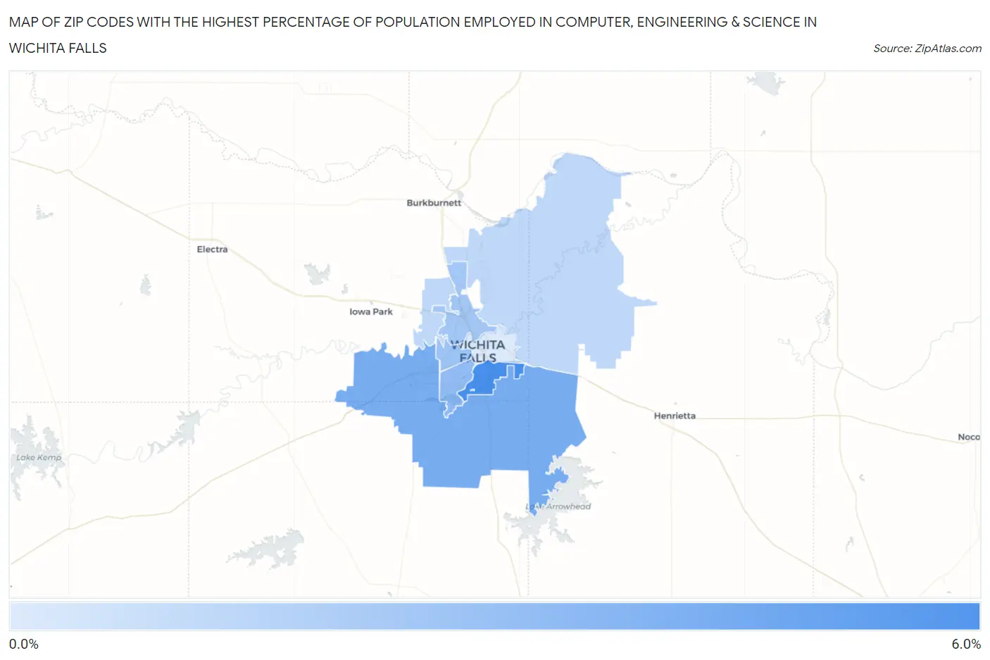 Zip Codes with the Highest Percentage of Population Employed in Computer, Engineering & Science in Wichita Falls Map