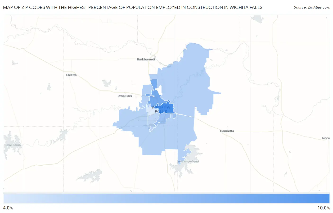 Zip Codes with the Highest Percentage of Population Employed in Construction in Wichita Falls Map