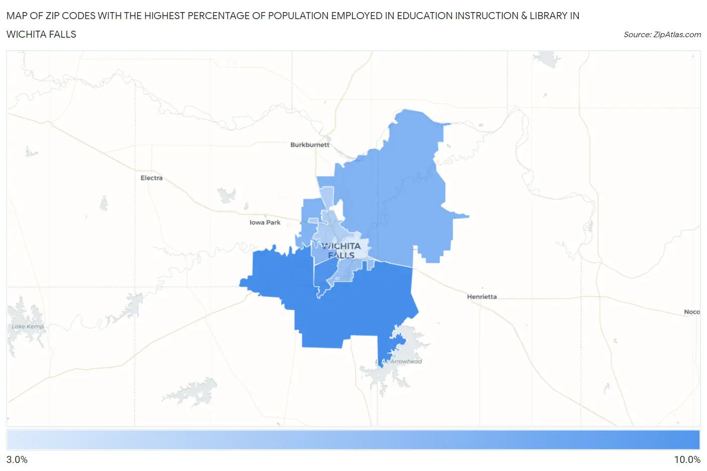 Zip Codes with the Highest Percentage of Population Employed in Education Instruction & Library in Wichita Falls Map