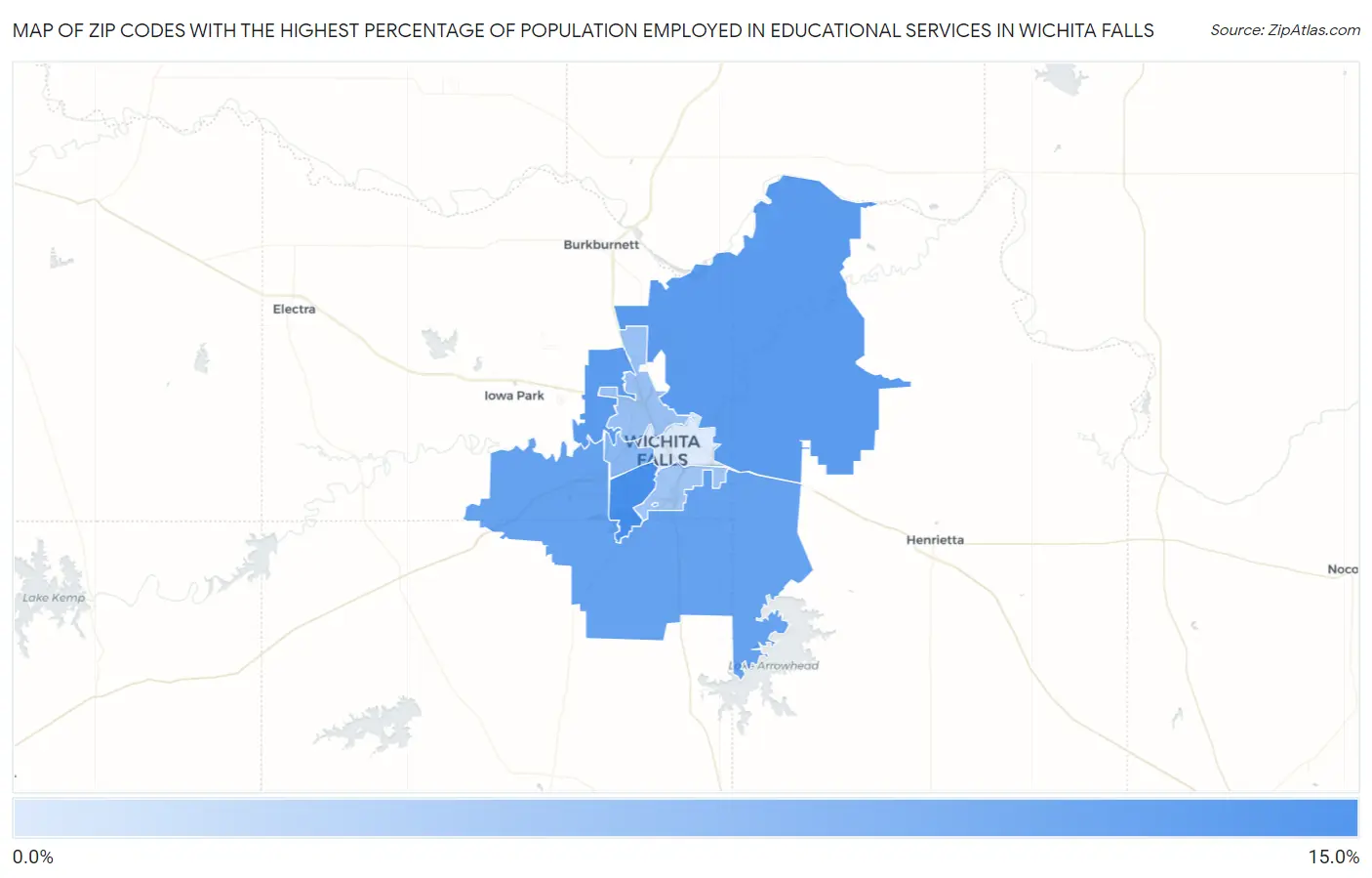 Zip Codes with the Highest Percentage of Population Employed in Educational Services in Wichita Falls Map