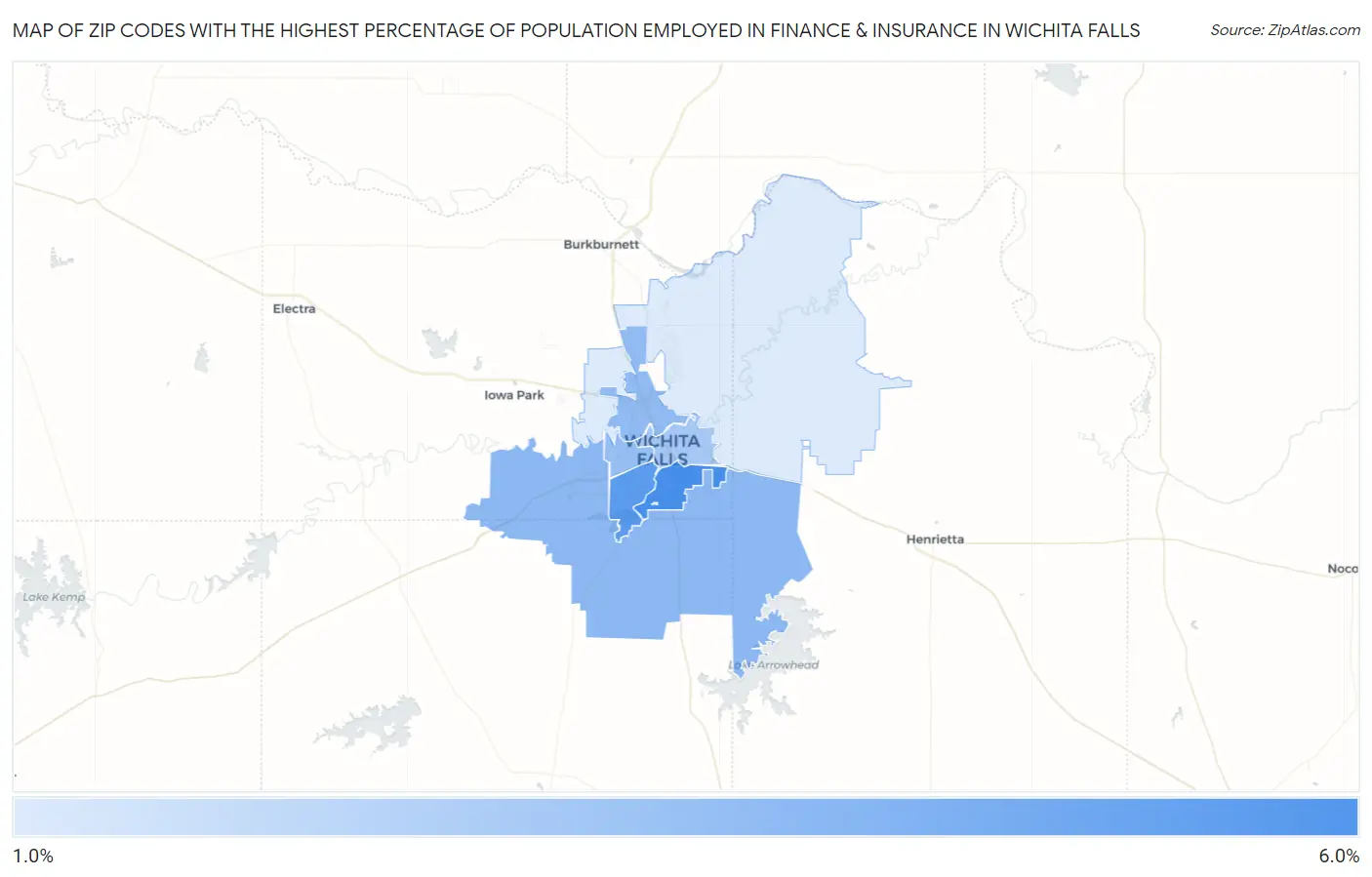 Zip Codes with the Highest Percentage of Population Employed in Finance & Insurance in Wichita Falls Map