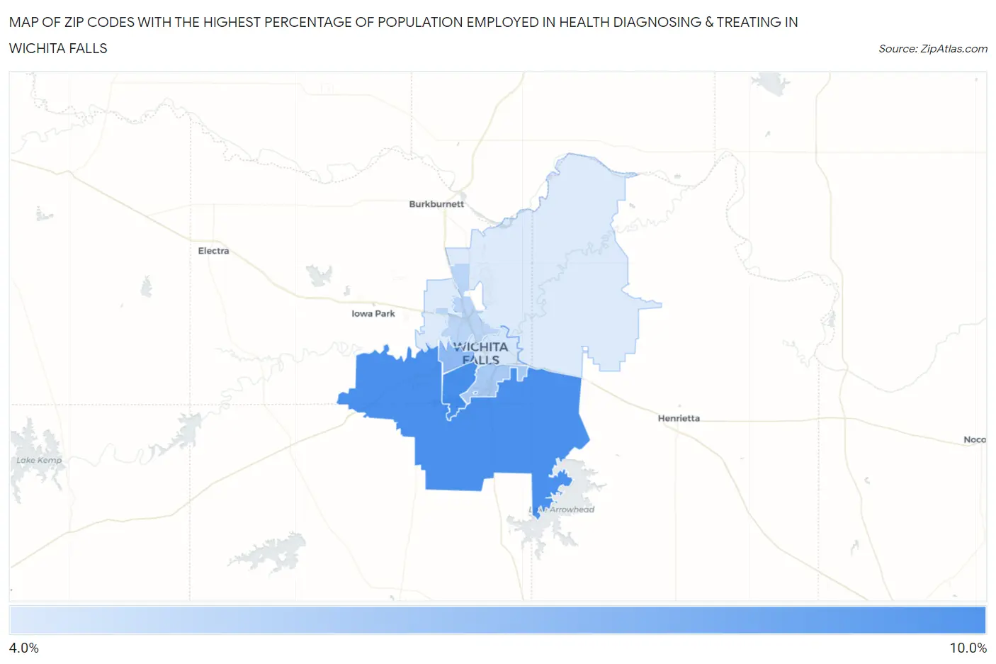 Zip Codes with the Highest Percentage of Population Employed in Health Diagnosing & Treating in Wichita Falls Map