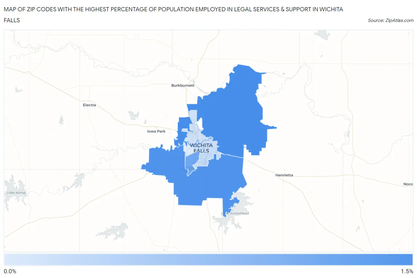 Zip Codes with the Highest Percentage of Population Employed in Legal Services & Support in Wichita Falls Map