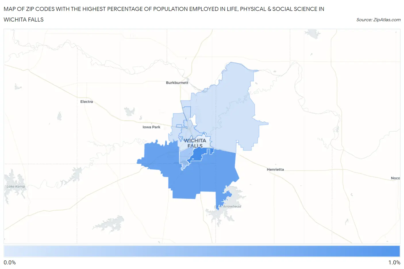 Zip Codes with the Highest Percentage of Population Employed in Life, Physical & Social Science in Wichita Falls Map