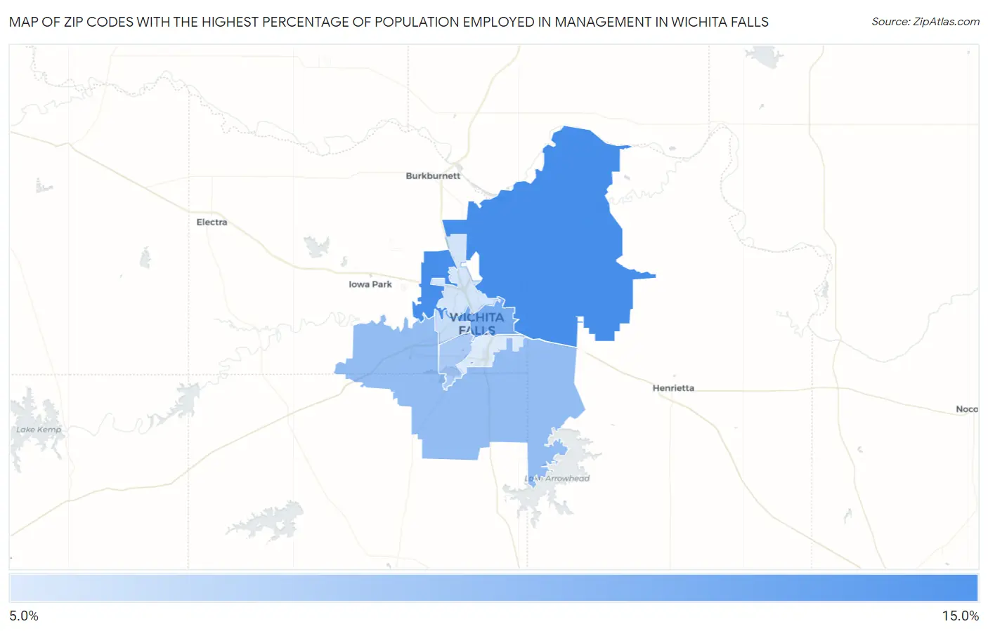 Zip Codes with the Highest Percentage of Population Employed in Management in Wichita Falls Map