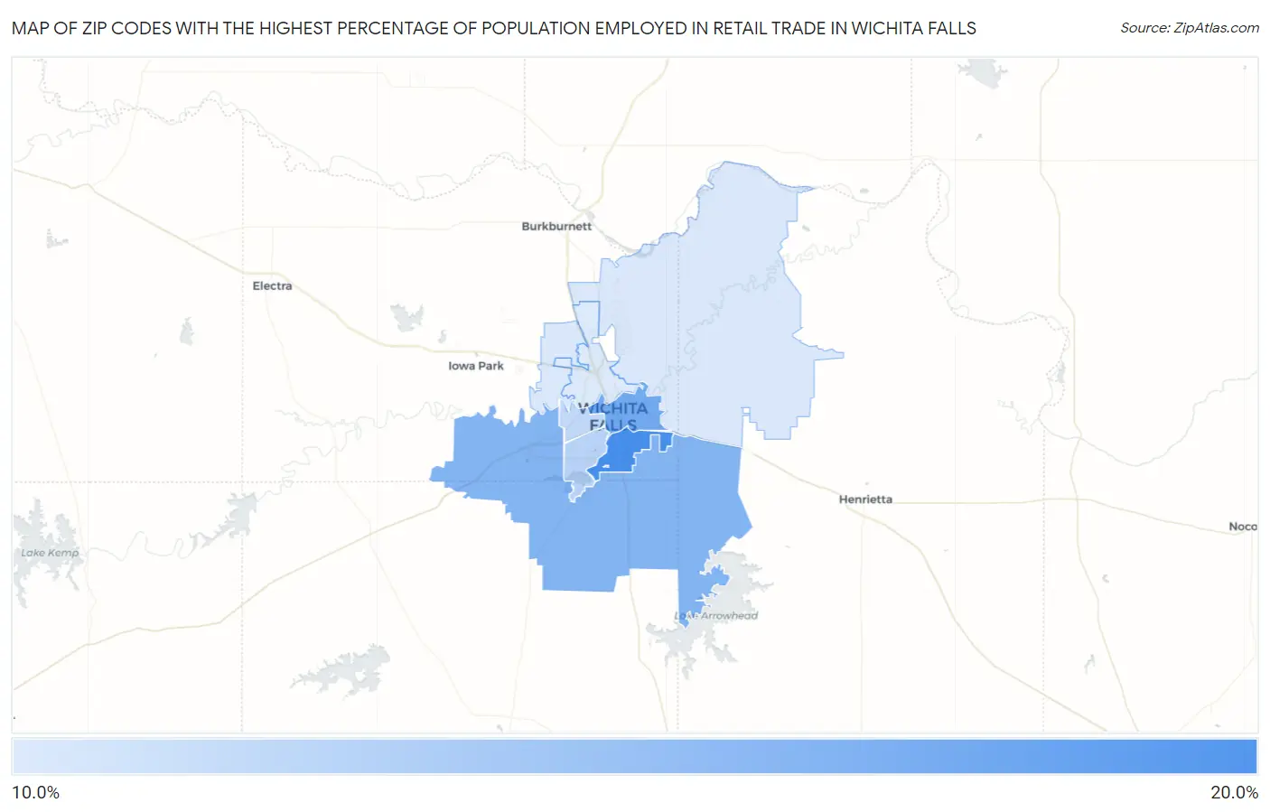 Zip Codes with the Highest Percentage of Population Employed in Retail Trade in Wichita Falls Map