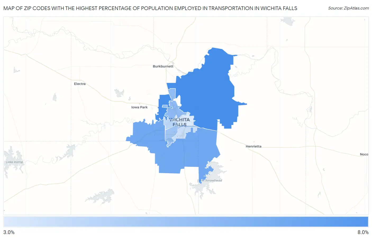 Zip Codes with the Highest Percentage of Population Employed in Transportation in Wichita Falls Map