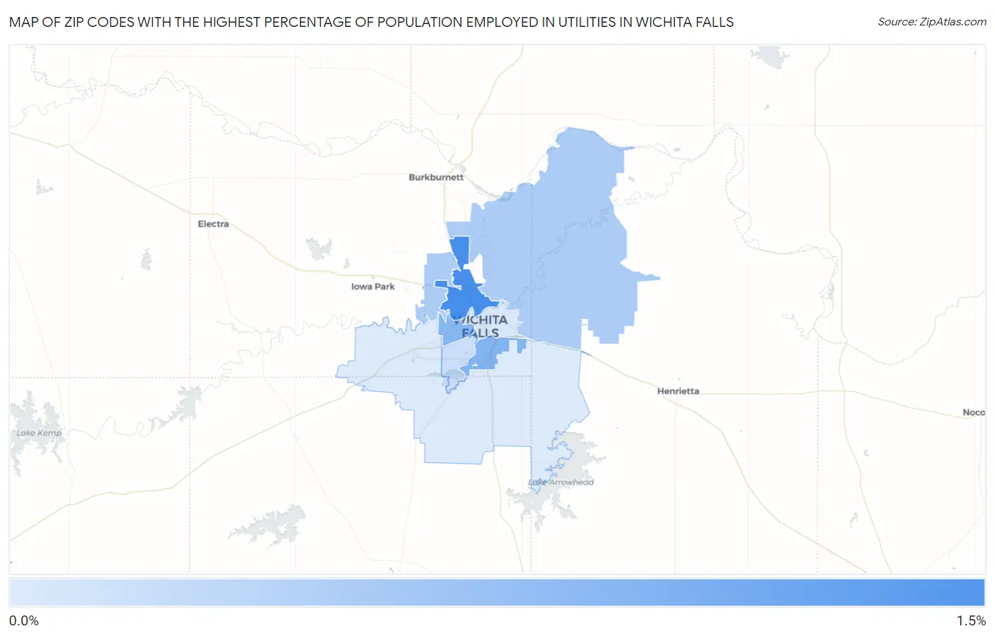 Zip Codes with the Highest Percentage of Population Employed in Utilities in Wichita Falls Map