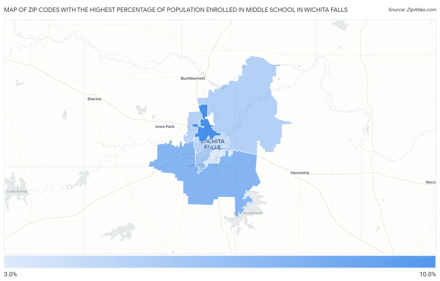 Zip Codes with the Highest Percentage of Population Enrolled in Middle School in Wichita Falls Map