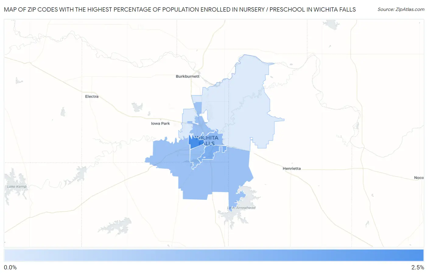 Zip Codes with the Highest Percentage of Population Enrolled in Nursery / Preschool in Wichita Falls Map