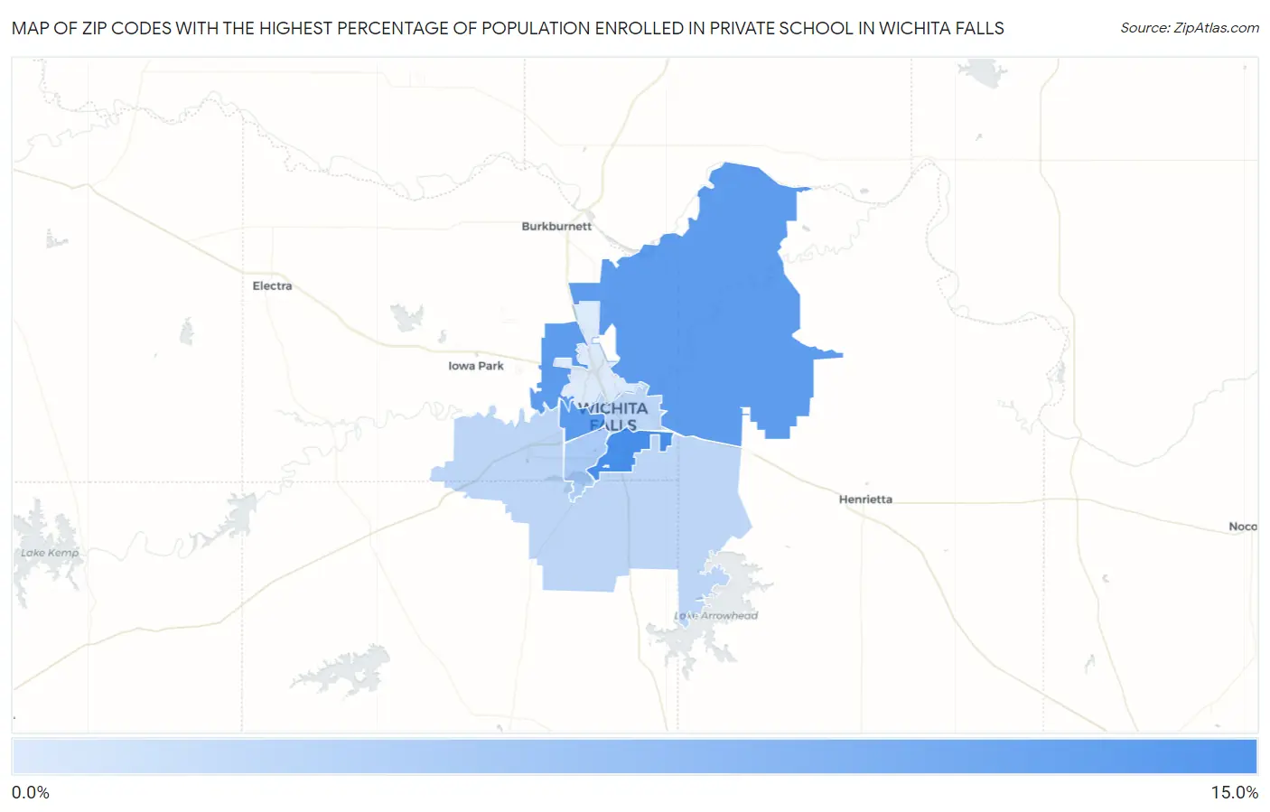 Zip Codes with the Highest Percentage of Population Enrolled in Private School in Wichita Falls Map